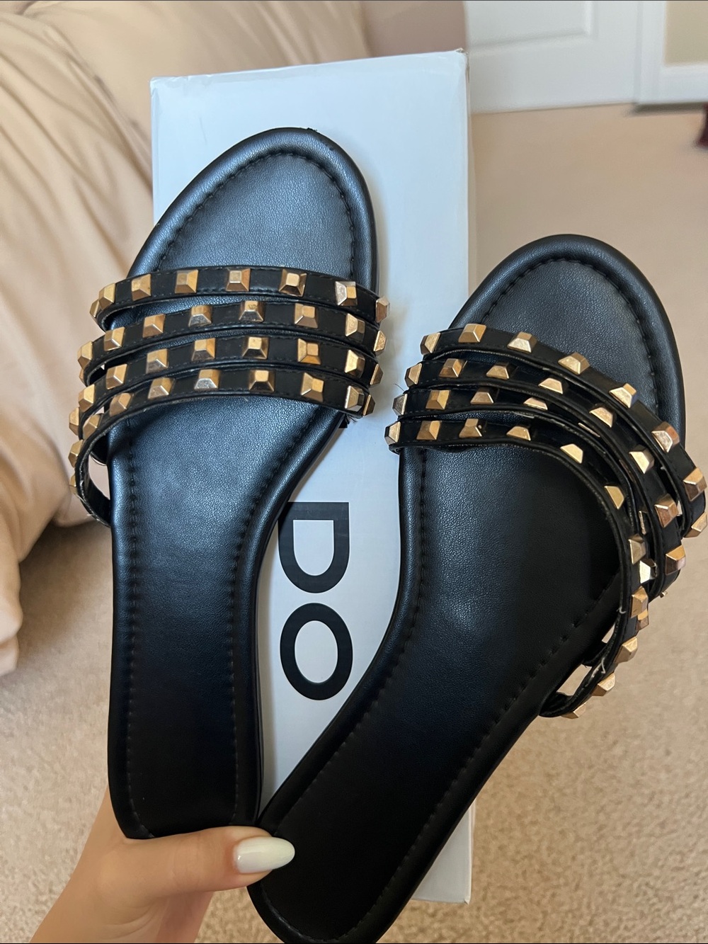 Aldo Black Slide Sandals with Gold Stud Accents